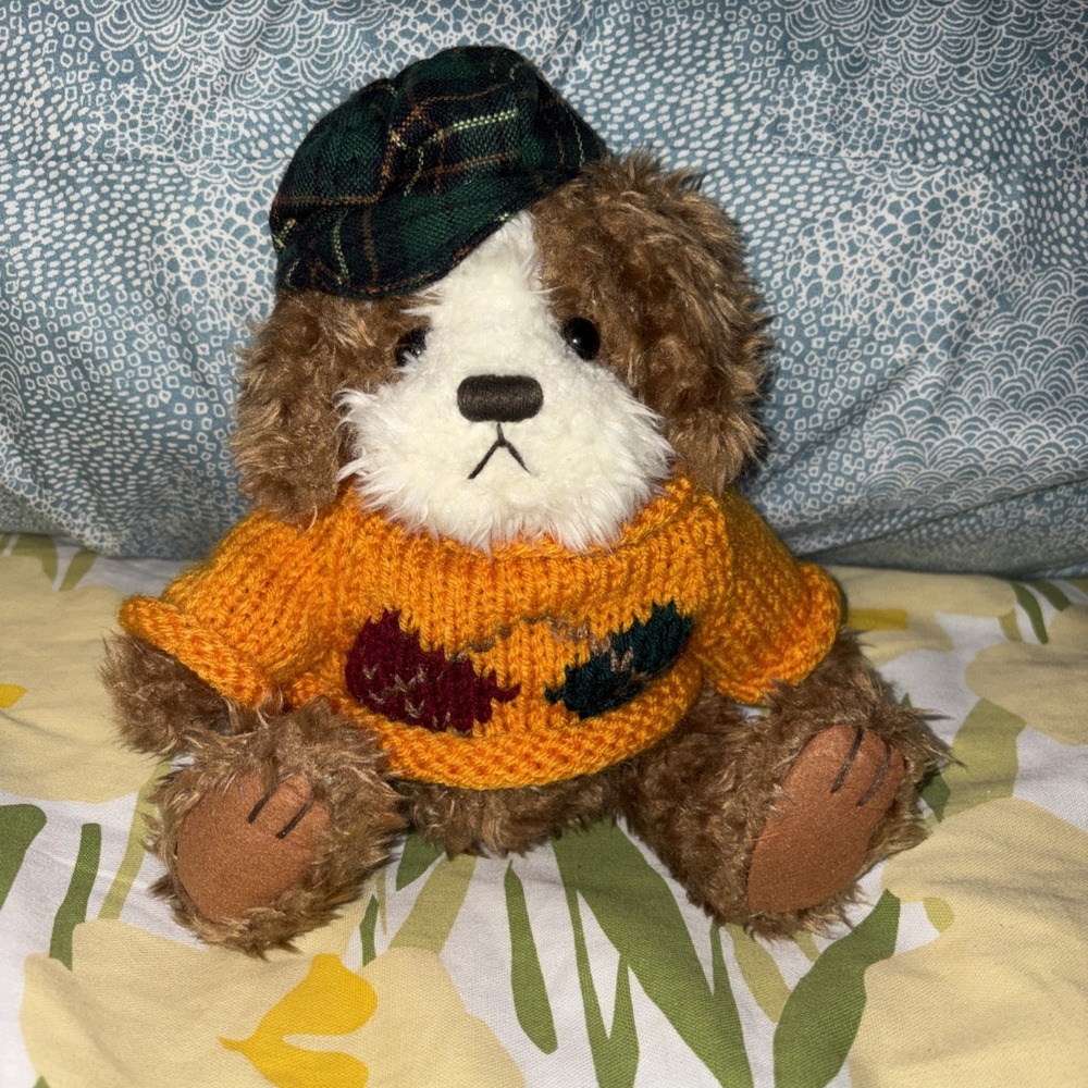 Brass Button Plush 10" Friendship Knit Sweater & Plaid British Cap Puppy
